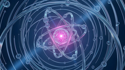 Atom's Core: A mesmerizing, artistic depiction of an atom, radiating with luminous energy and intricate orbiting pathways.