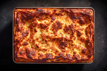 Top view of freshly baked Italian beef lasagna.