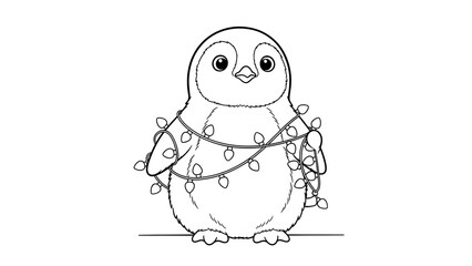 Festive Penguin: An adorable penguin, adorned with twinkling string lights, stands poised in a delightful illustration of holiday cheer. 