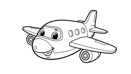 Cheerful Airplane Adventure: A whimsical airplane, illustrated with a friendly face, smiles invitingly, ready to embark on exciting journeys, celebrating flight and adventure. 
