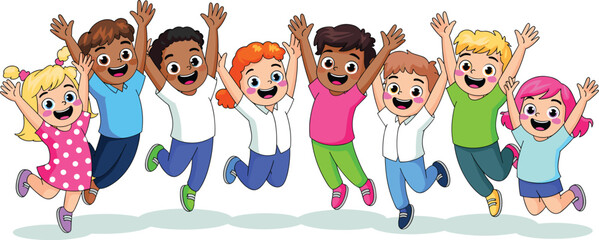 Diverse group of cheerful cartoon kids jumping together with arms raised in celebration of friendship happy children enjoying active lifestyle illustration for elementary school education programs and