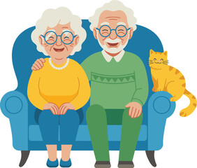 Happy elderly couple relaxing on sofa with cute cat illustration cheerful senior man and woman sitting together retirement lifestyle family bonding concept for healthcare advertising social media post
