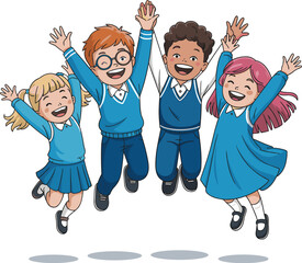 Happy cartoon diverse children jumping together cheerfully friendship and unity in youth group for education and childcare services promoting teamwork and positive learning environment for kids develo