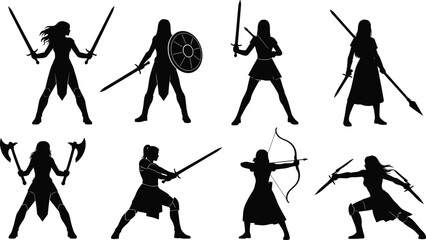 Set of female warrior silhouettes with swords, shield, axe and bow, fantasy combat poses collection, medieval battle vector illustration design