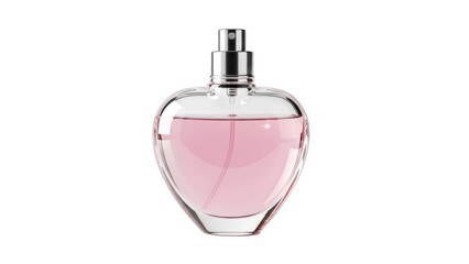 Clear glass heart shaped perfume bottle with pink liquid and silver spray top on black background image