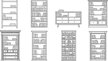 Bookshelf line drawing set, furniture design styles, book cabinet sketch pack, black white vector, cad flat illustration © VectoInfinity 