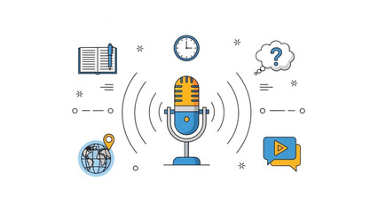 A colorful illustration of a microphone surrounded by symbols representing podcasting broadcasting