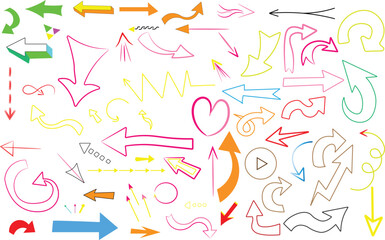 Collection of colorful hand drawn doodle arrows icons pointing in various directions for abstract navigation design elements.