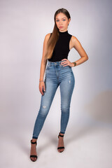 blonde girl with blue eyes in a studio session