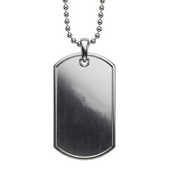 A sleek, metallic dog tag hanging on a ball chain, perfect for personalization or memorialization. The tag features a shiny, reflective surface that adds a touch of sophistication
