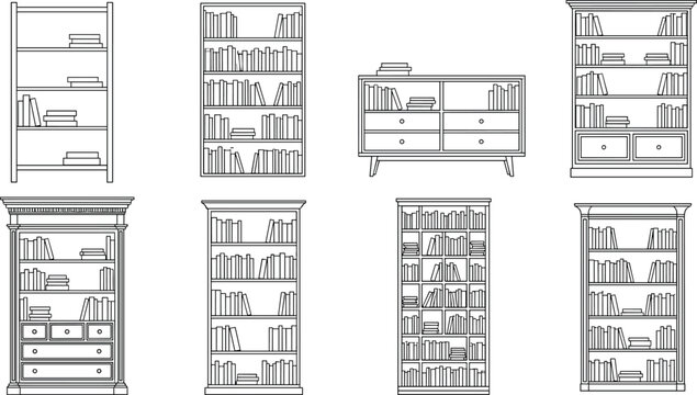 Bookshelf line drawing set, furniture design styles, book cabinet sketch pack, black white vector, cad flat illustration