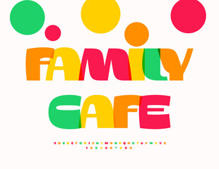 Vector Festive banner Family Cafe. Joyful Artistic Font. Transparent Alphabet Colorful Letters and Numbers set.
