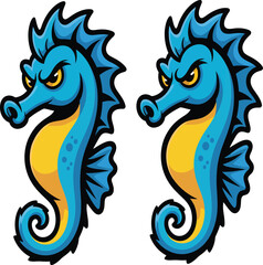 Angry cartoon seahorses with yellow eyes and spiky fins
