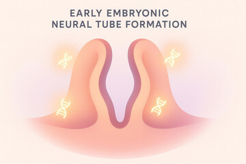 Early embryonic neural tube formation illustration, showing neural folds, central groove, and DNA symbols, representing early human development and genetic process in soft pastel colors