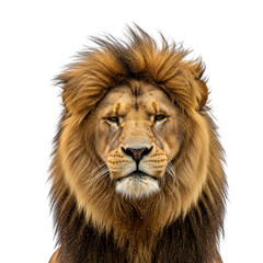 Close up portrait of a male lion with a dark mane and golden fur against a black background animal wildlife © Runmilan