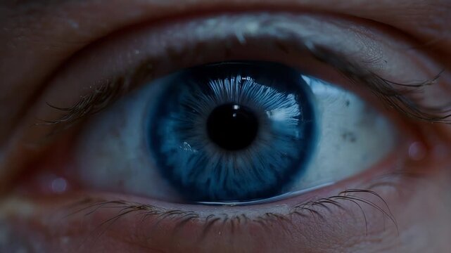 Extreme Macro of Blue Human Iris Blinking and Pupil Dilating to Light