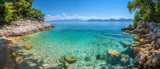 An idyllic beach with clear turquoise waters and a rocky shore lined with pine trees, ideal for atmospheric backgrounds in tourist brochures or meditative apps.