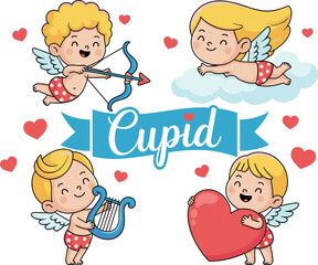 Cute cartoon Cupid characters collection flying with bow and arrow playing lyre holding heart adorable winged baby angel illustrations for Valentines Day holiday celebration romantic concepts love and