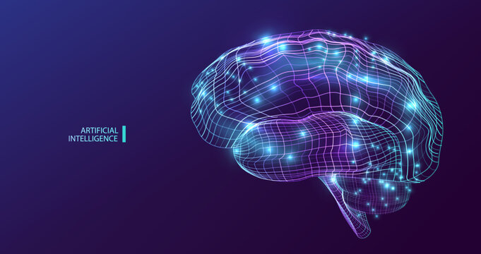 Net brain connecting with AI. Neon idea concept. Science medical vector background.