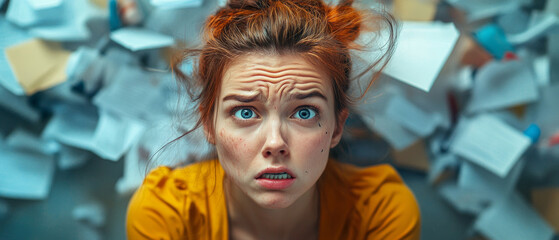 A confused girl surrounded by chaos illustrates stress and disorder, providing a vivid backdrop for publications on psychology or space organisation.