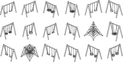 Swing set design collection, playground equipment variations, black white isometric vector, climbing rope net, cad drawing flat vector illustration © VectoInfinity 