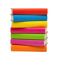 Stack of colorful hardcover books displayed vertically with black backdrop transparent background