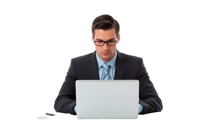 A focused businessman using a laptop at his desk, deep in concentration. He's wearing glasses and a suit, highlighting a professional image. 