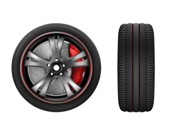 High-performance sports car wheel with drilled brake rotors and red calipers, featuring a stylish alloy rim and performance tire, isolated on transparent background.