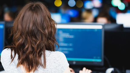 Female Programmer or Developer Working on Code in a Dark IT Office Environment