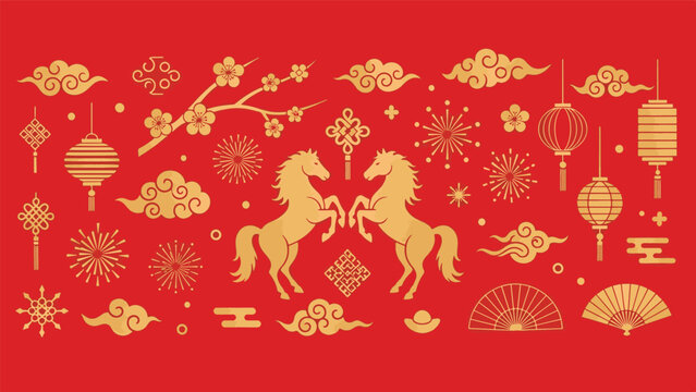 Auspicious Golden Horses and Traditional Cultural Symbols for Lunar Chinese New Year Celebration Design