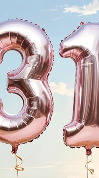 Rose gold foil balloons shaped as digits "31" against a soft blue sky with fluffy white clouds