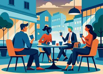 Group of people sitting at a table in a cafe or restaurant setting with buildings in the background