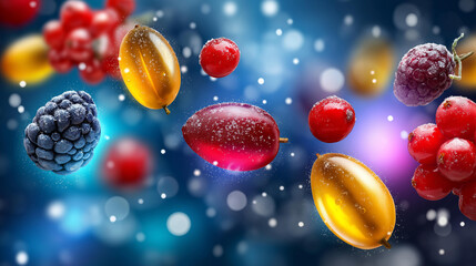 Winter wonderland vibrant healthy snacks, floating fruits glowing vegetables, nutrition wellness concept visualization, seasonal health display, colorful food photography, holistic eating