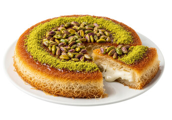 pistachio cake with creamy filling on white plate