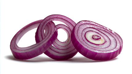 Photorealistic composition of pink onion rings on each ring, isolated against a white background. The photograph is taken from the side and shows three pink onion slices arranged to form an arch shape