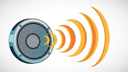 A silver speaker with sound waves emanating from it on a white background with orange arcs