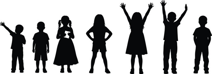 Children silhouettes standing together, happy kids raising hands, childhood unity concept, group of boys and girls isolated © Joyaber's World
