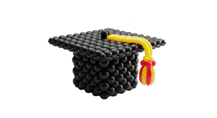 Graduation cap made of black balloons with yellow and red tassel on black background image