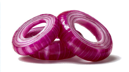 Photorealistic composition of pink onion rings on each ring, isolated against a white background. The photograph is taken from the side and shows three pink onion slices arranged to form an arch shape