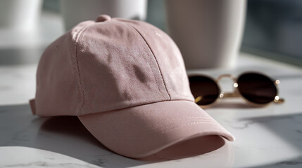 Pink baseball cap mockup on a white background with blurred sunglasses in the background, flat lay photography, high resolution, high quality, high detail,