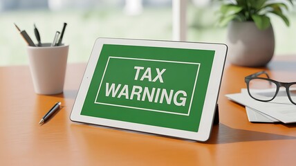A digital tablet displaying a clear tax warning message on a green screen sits on an office desk