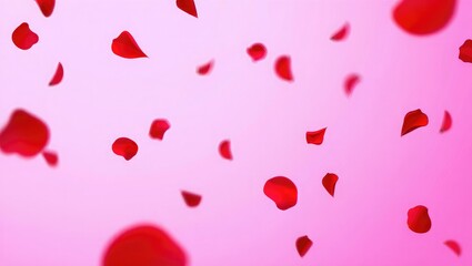 Red rose petals falling on pink background red petals