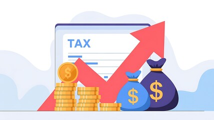 A financial illustration showing a tax document, money bags, stacked coins, and a red upward arrow
