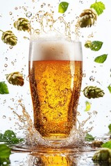 floating beer splash with hops and barley grains, isolated on white background