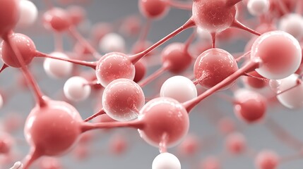 Close-up of a 3D rendered abstract molecular structure in shades of pink and white