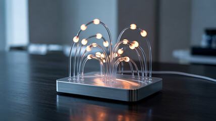 A modern illuminated sculpture featuring a cluster of glowing led lights on a metallic base creating a captivating ambiance