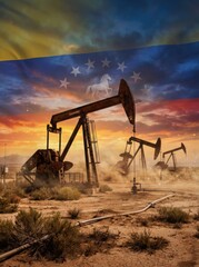 Majestic oil pumpjacks against the venezuelan flag at sunset, showcasing rich energy resources