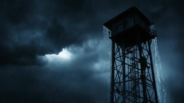 Water tank silhouette under heavy rain and dark storm clouds, with water cascading in the middle frame. Weather concept.
