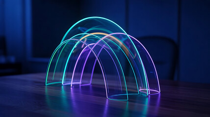 A mesmerizing arrangement of luminous arched light formations creates a captivating and futuristic visual spectacle in a dark setting