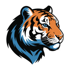 Vibrant tiger head illustration in blue orange and black